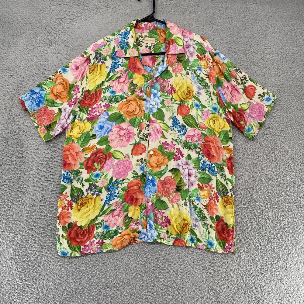 Perte D'ego Shirt Mens Large Floral Hawaiian Short Sleeve Button Up Le Primtemps